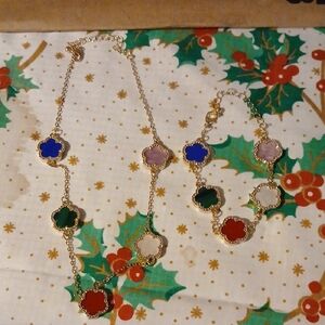 Elegant Gold Multi-Color Flower Necklace and Bracelet Set